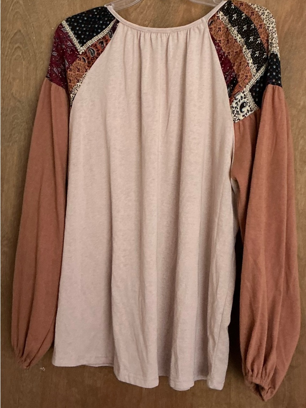 Easel Mixed Media Patchwork Top S Beige Brown Balloon Sleeve Boho Hippie Peasant - Picture 4 of 11